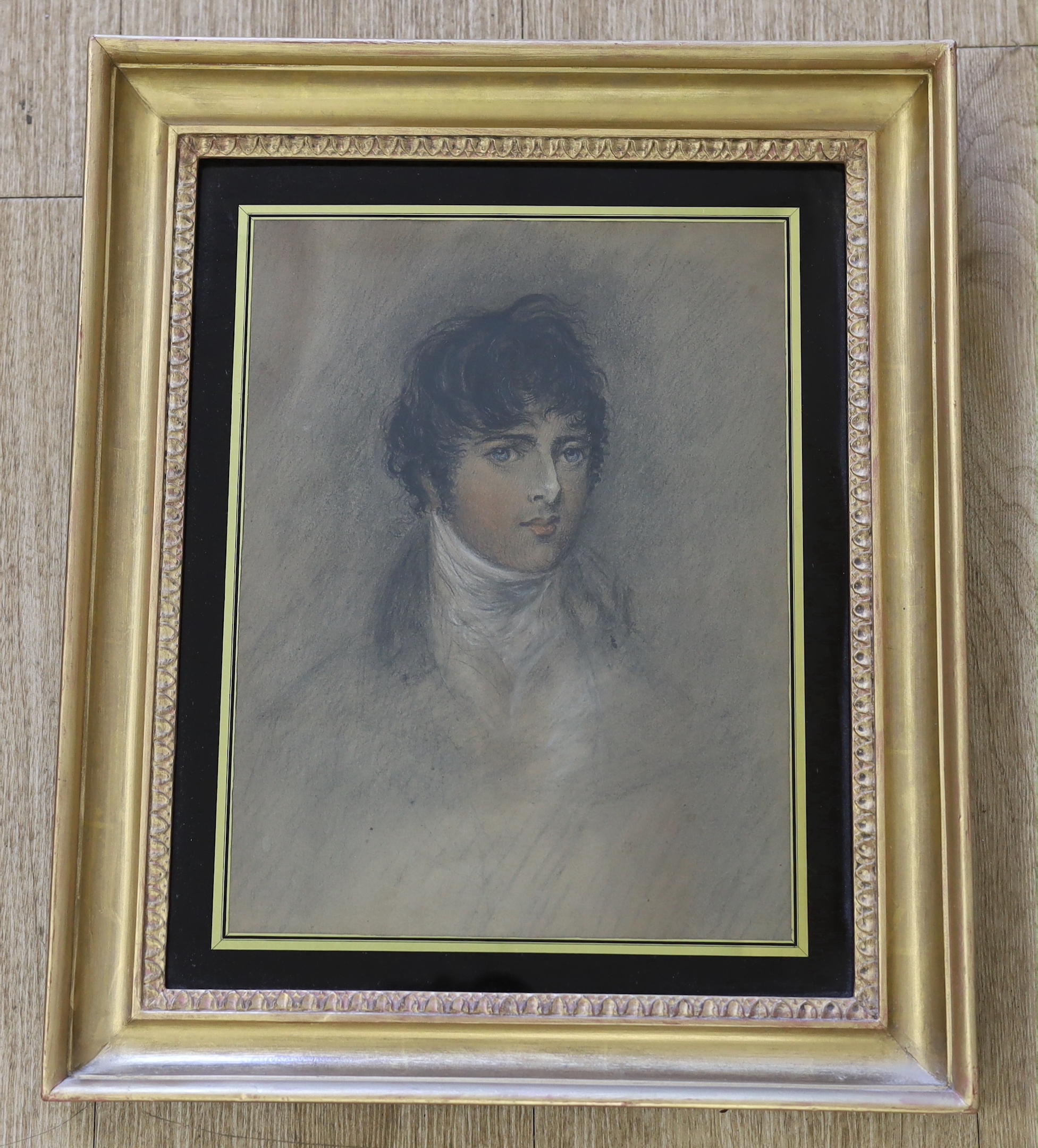 19th century English School, pastel, Portrait of a gentleman wearing a cravat, indistinct ink inscription verso, 31 x 23cm